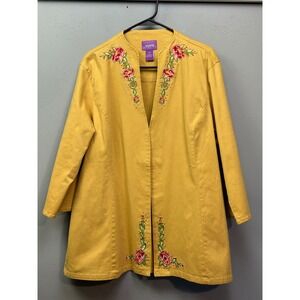 Suzanne Somers Collection Embroidered Floral Jacket Womens 1X Mustard Open Front
